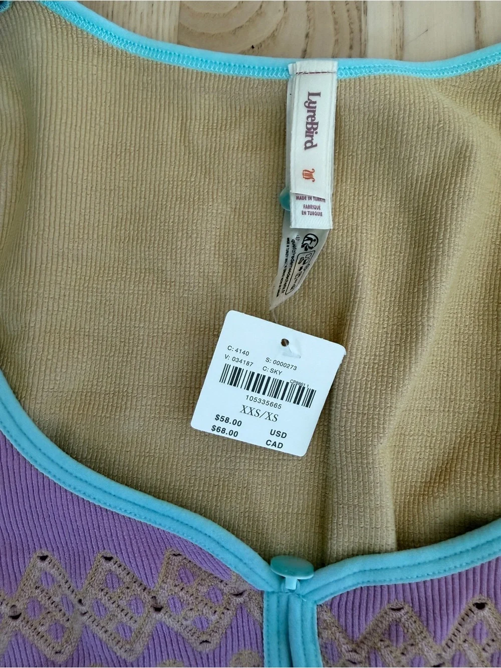 Anthropologie LyreBird Pastel Lavender Aqua Stretchy Textured Button-Front Top